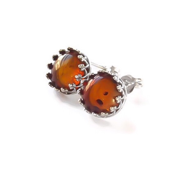 ♚♔♛925 sterling silver genuine amber bezel set gemstone crown stud earrings♛♔♚ - Picture 3 of 8